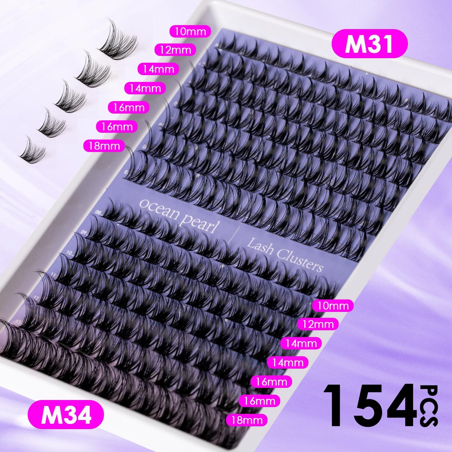 Ocean Pearl Lash Clusters Kit 154pcs,10-18mm manga/anime-inspired lashes clusters,spike-effect cluster lashes,Eyelashes,DIY Cluster Eyelash Extensions kit with lash bond+seal+remover+tweezers-M31+M34