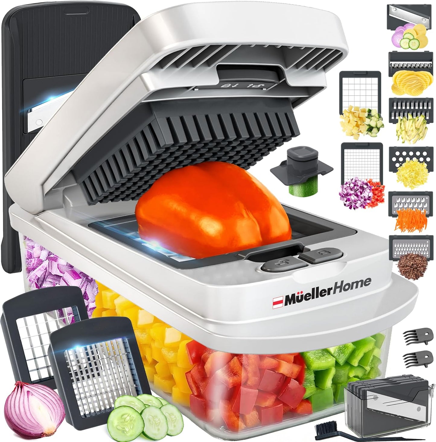 Mueller Vegetable Chopper - 10-in-1 Mandoline Slicer with 8 Blades & Container | Kitchen Gadget Essentials