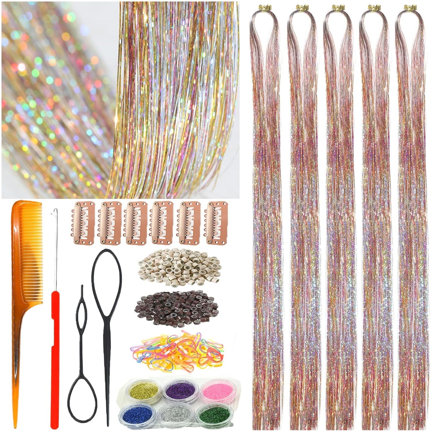 Gold Turquoise Hair Tinsel - Ice Crystal Effect, 48 Inch, 1250 Strands | Heat Resistant Sparkling Glitter for Women Party Cosplay