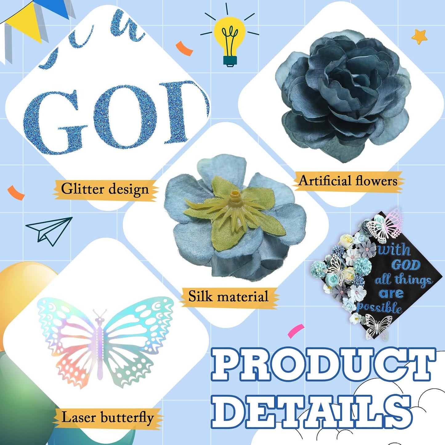 Graduation Cap Decoration Kit - 36 Pcs with Faux Flowers, Glitter Stickers & 3D Butterflies | Blue Inspirational Themes