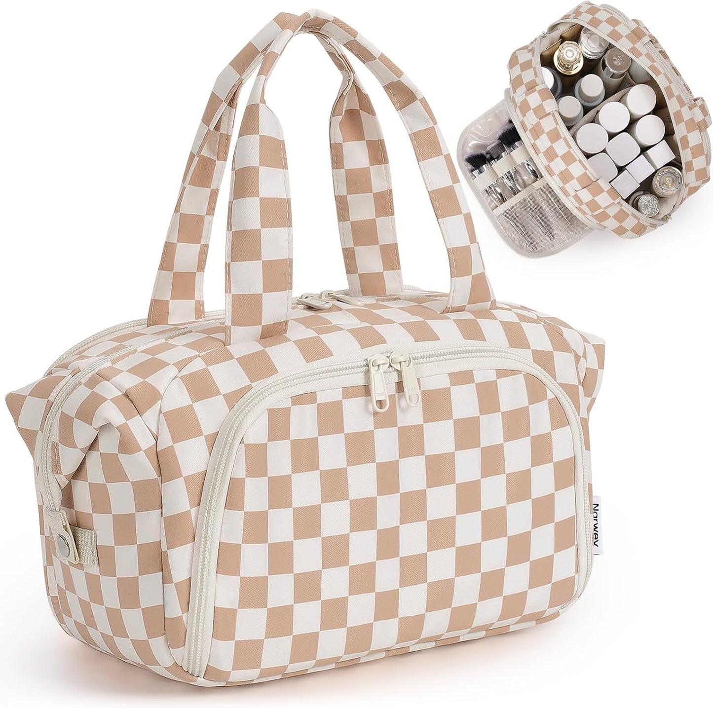 Travel Toiletry Bag for Women - Checkered Makeup Organizer with Handle | Large Size, Wet Pocket (Green Checker)