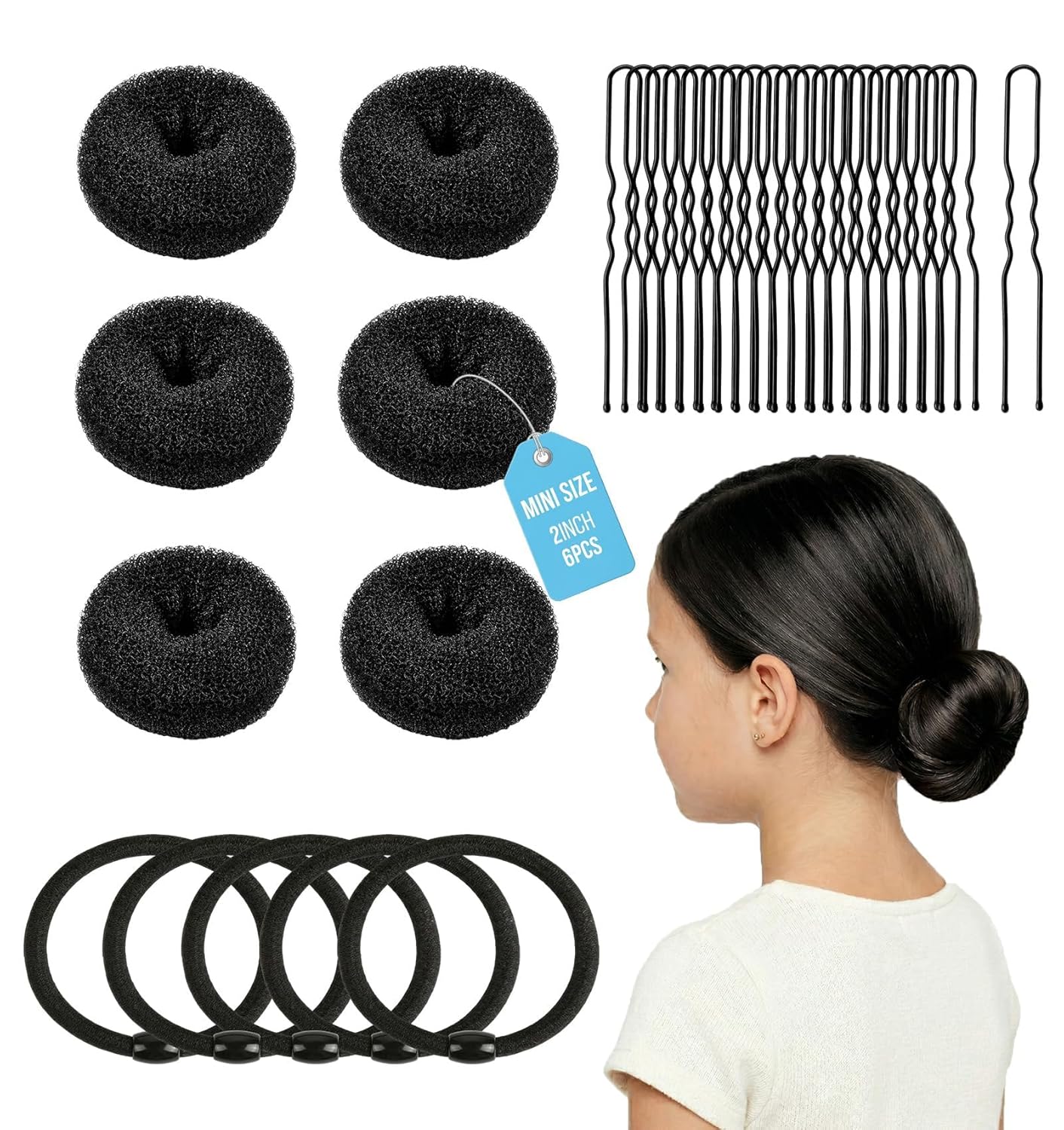Small Hair Donut Bun Maker - 6pcs Chignon Ring for Thin Hair | Includes 5 Hair Ties & 20 U Pins (Black)