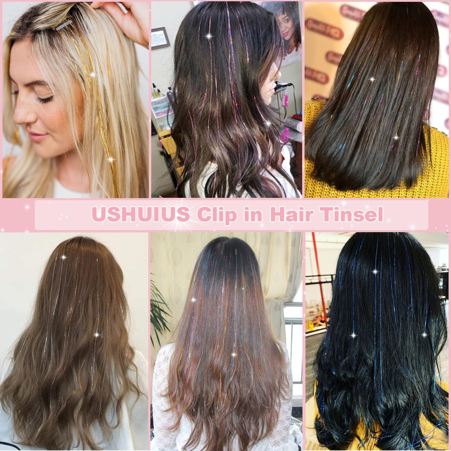 USHUIUS Hair Tinsel Clip in 12Pcs Silver Tinsel Hair Extensions Clip in Hair Tinsel Fairy Glitter Hair Tinsel Kit Heat Resistant Sparkly Hair Accessories for Girls Women Kids (12Pcs SILVER)