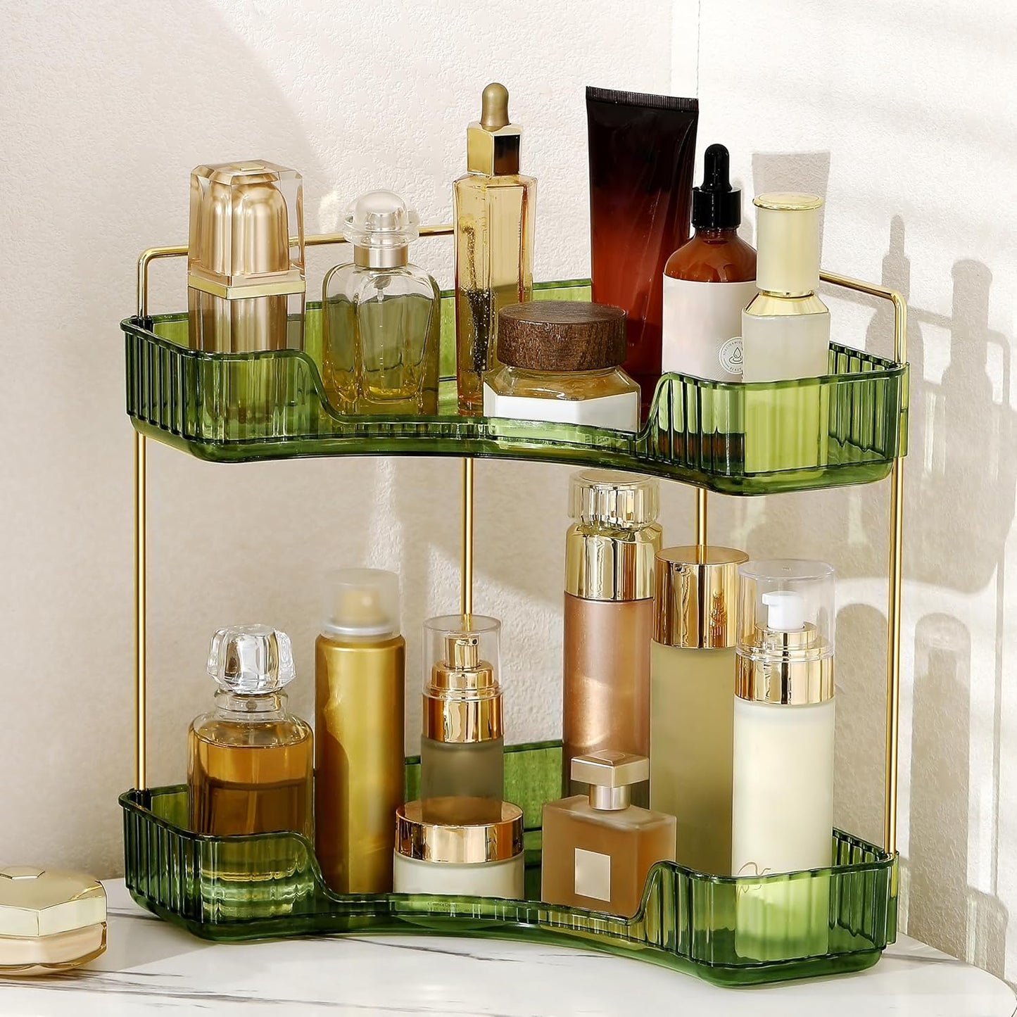 3 Tier Corner Bathroom Organizer - Stylish Makeup & Perfume Shelf for Vanity | Grey