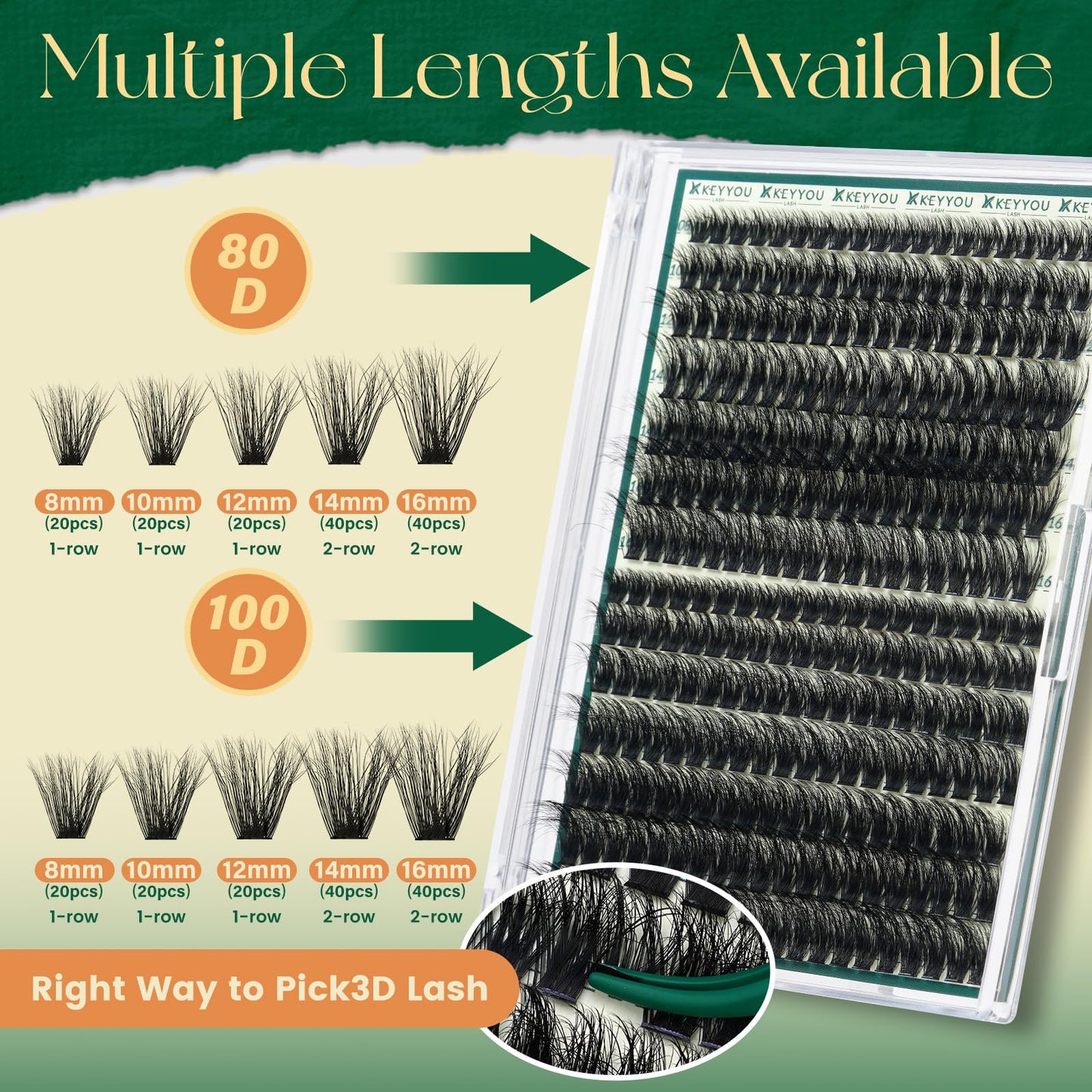 KEYYOU Lash Clusters Kit 80D100D Diy Individual Eyelash Extension Kit,Thick Volume lashes clusters Kit D Curl,280 Pcs Thin Band with Waterproof Lash Bond and Seal Tweezers (Kit-8-16MIX)