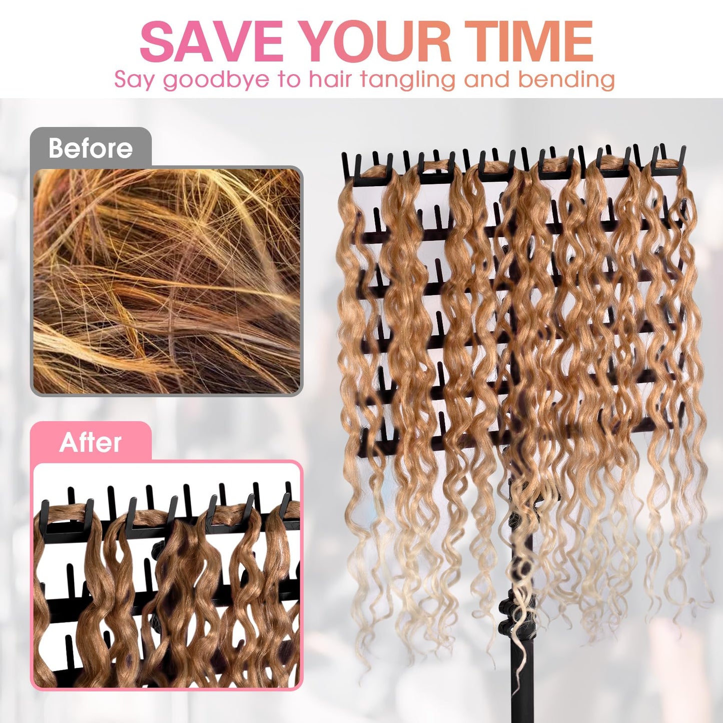 Klvied 144 Pegs Braiding Hair Rack Standing, Height Adjustable Hair Holder for Braiders with Accessory Tray & Carrying Bag, Heavy Duty Rolling Hair Organizer for Salon & Home (48.2"-62.9"), Black