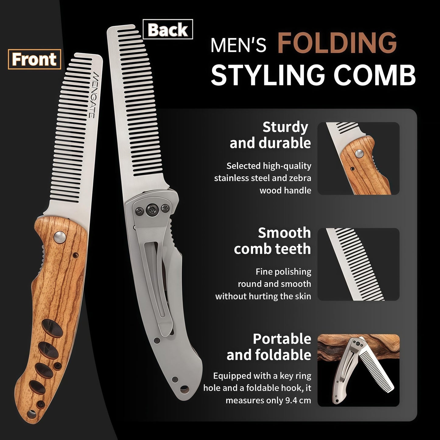 1PC Small Folding Pocket Beard & Mustache & Hair Styling Comb for Men - Metal Tactical Grooming Tool with Wooden Handle, with 180° Rotatable for Outdoor Travel & Home Use - Length 6.57inch