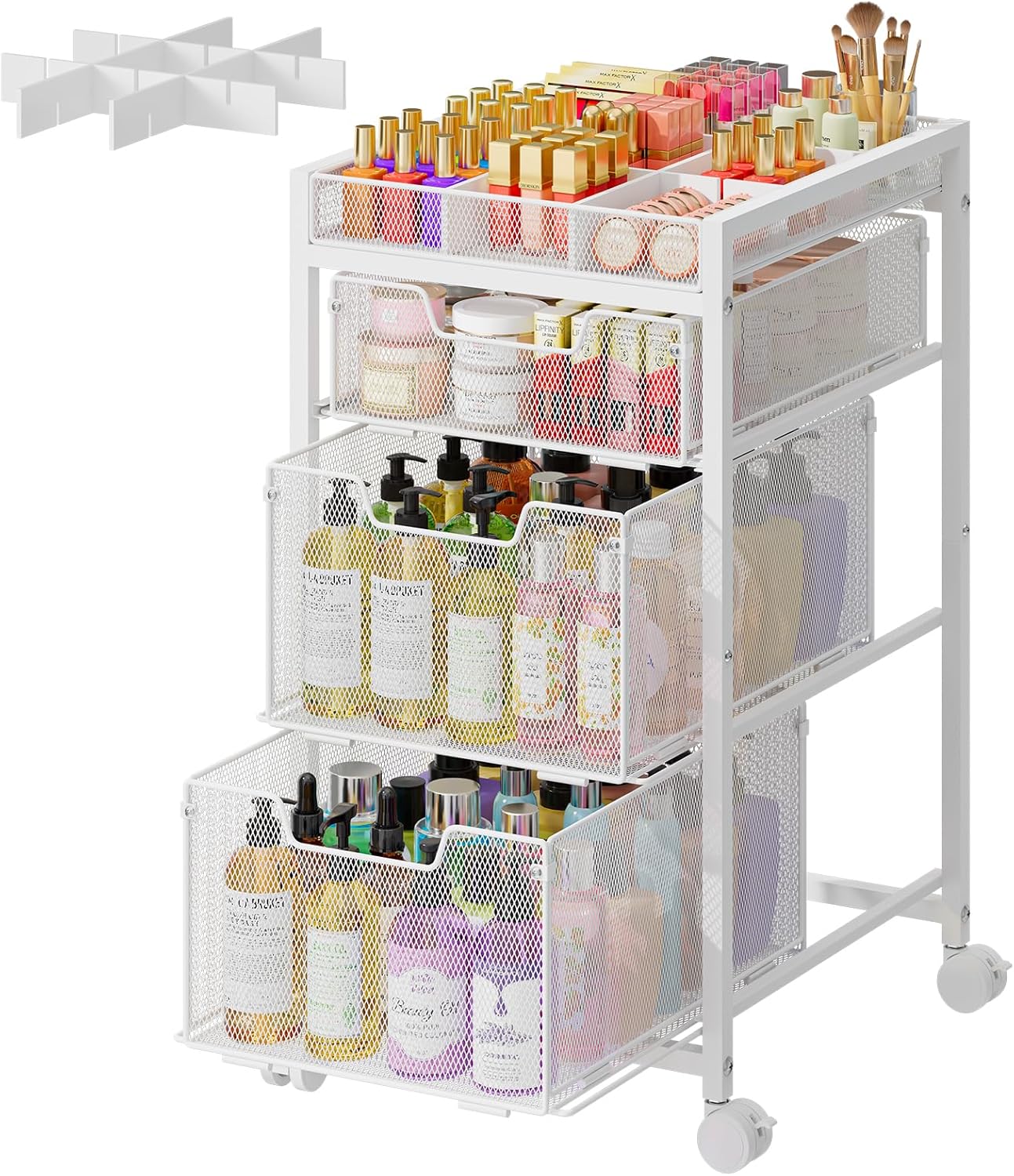 Rolling Makeup Cart Organizer - 3 Drawer Cosmetics Storage with Wheels | Versatile Vanity Organizer for Skincare & Beauty Tools - Black