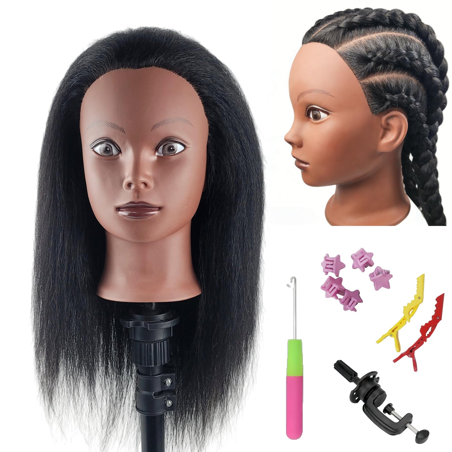 Yiifiulyn African Mannequin Head with 100% Real Hair, Black Mannequin Head for Hairdresser Practice Braiding - Doll Head for Hair Styling Kids
