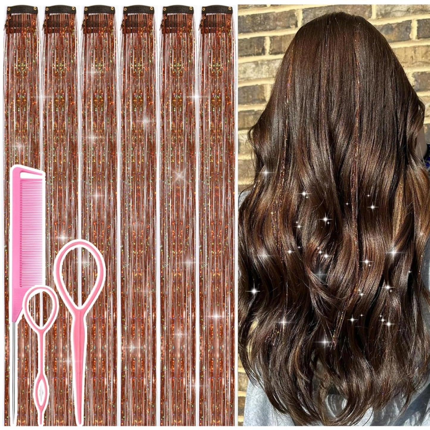 Hair Tinsel Kit - 12 Pcs 24 Inch Gold Glitter Clip-In Hair Extensions for Girls & Women | Perfect for Christmas & New Year Parties