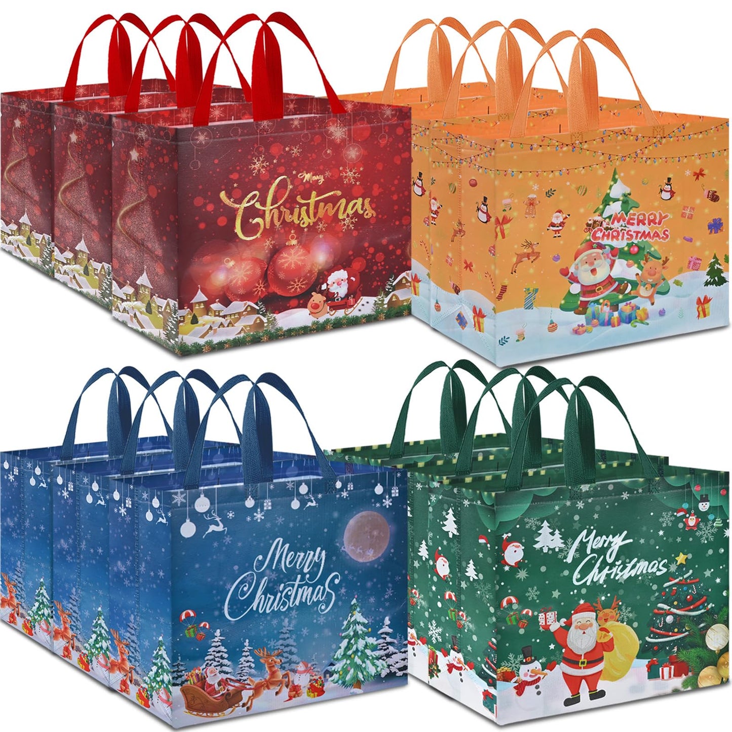 AhfuLife 12PCS Extra Large Christmas Gift Bags, 15.7'' x 14.2''x 5.9'', Christmas Tote Bags with Handles, Reusable Non-woven Shopping Bag for Xmas's Party Supplies New Year Decorations