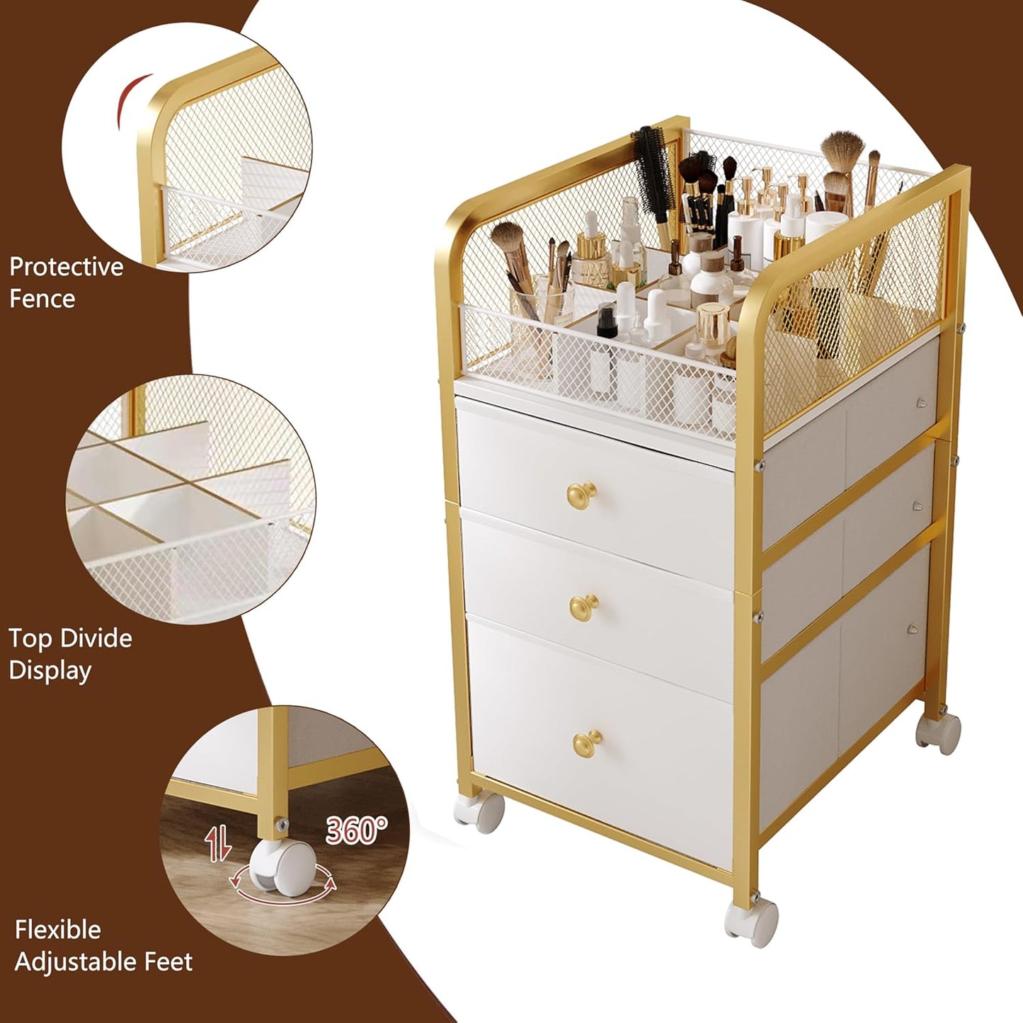 Rolling Makeup Organizer Cart - 3 Drawer Vanity Storage with Gold Finish | Under Desk Cosmetic Display for Nail Polish & Brushes
