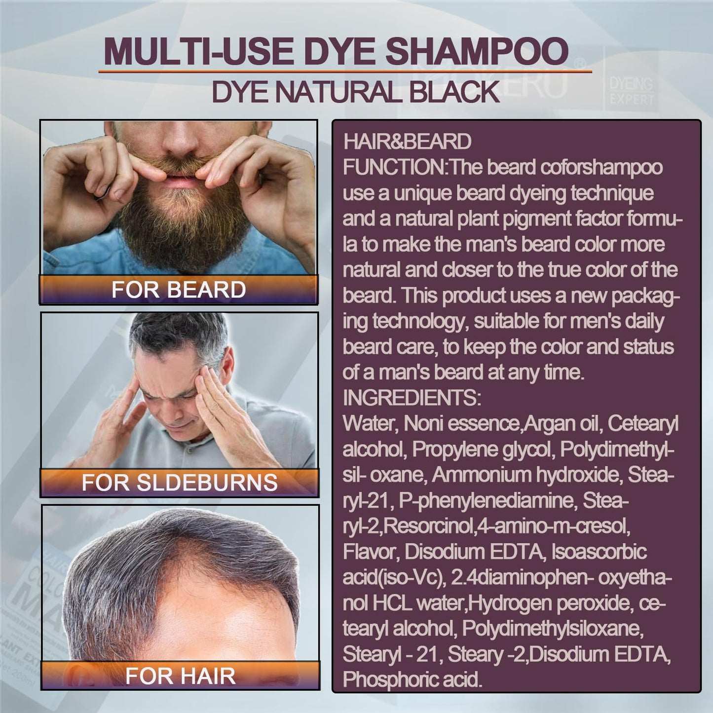 Men's Beard Dye Black 3-in-1 Natural Black Beard & Hair Dye Shampoo