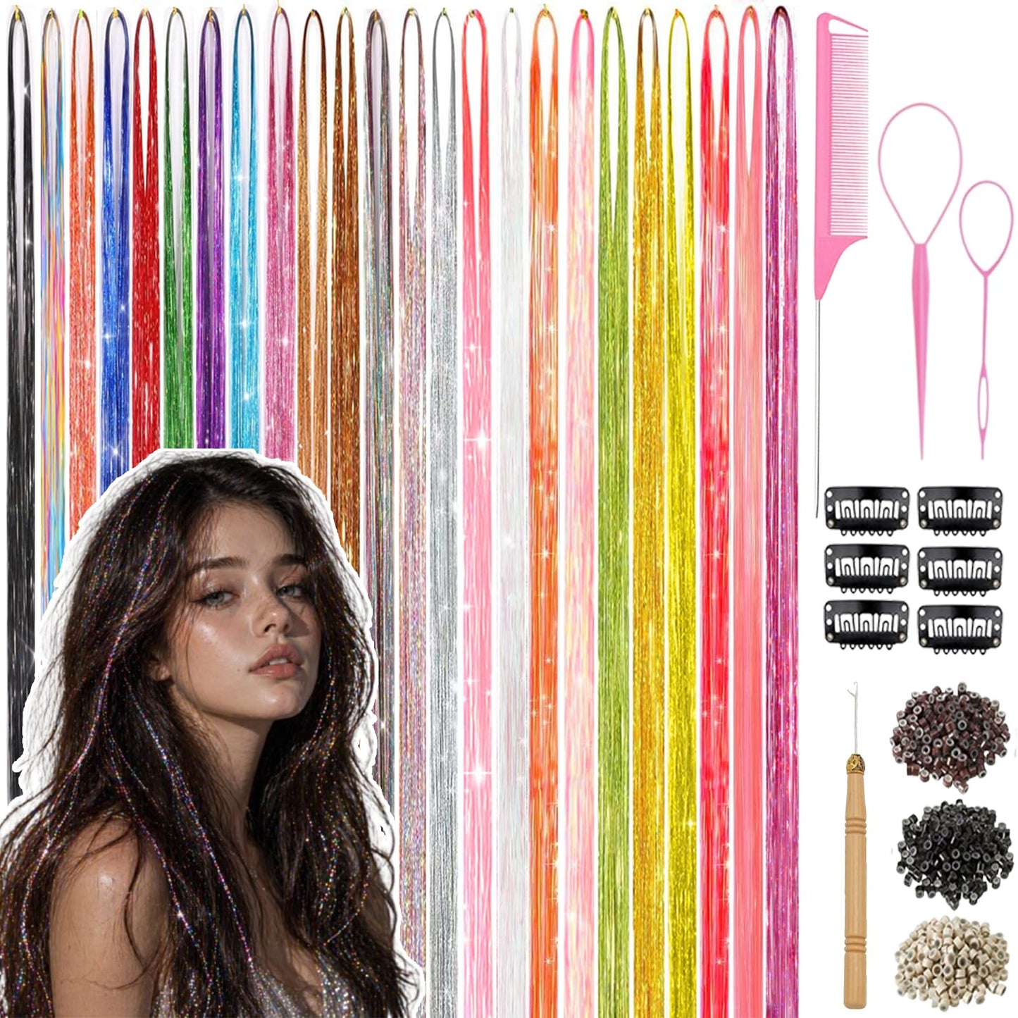 Hair Tinsel 24 Colors Glitter Tinsel Hair Extensions for Women Girls