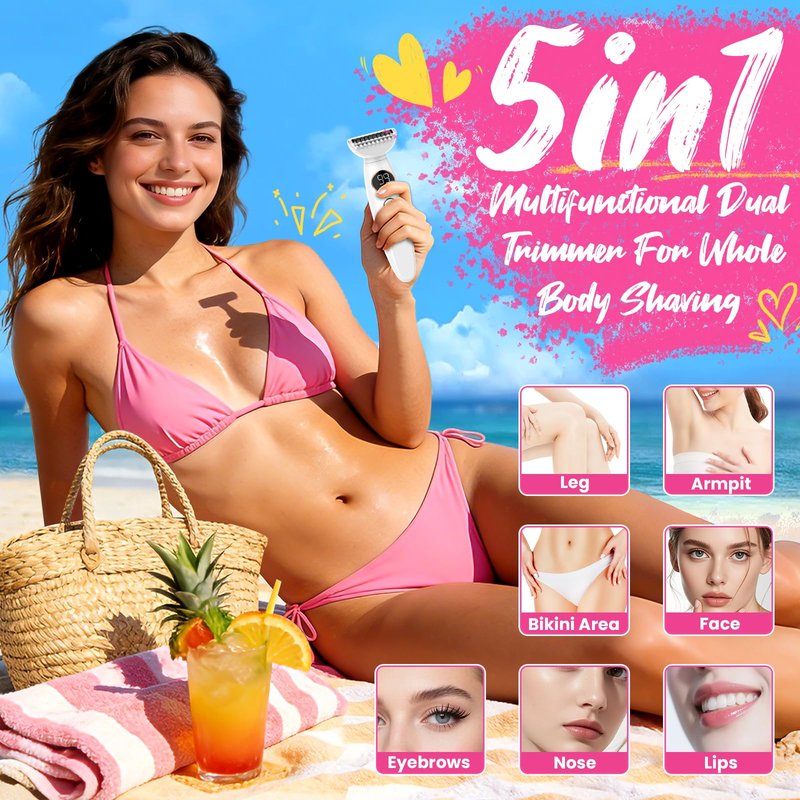 5-in-1 Bikini Trimmer for Women, Lady Electric Razor Shaver Replaceable- Waterproof Facial & Pubic Hair Trimmer with USB Charge Dock, Travel Cordless Body Shaver for Face/Legs/Underarm