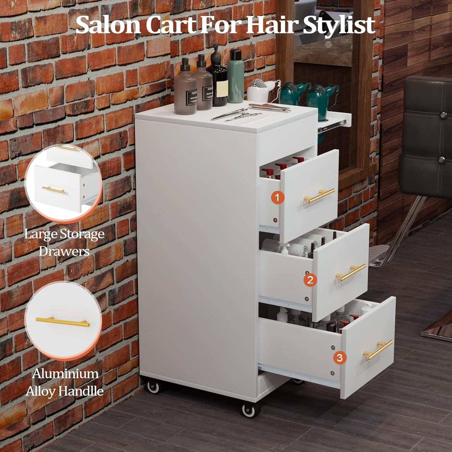Salon Trolley Cart with Wheels - Mobile Hairdressing Station | Wooden Storage Cabinet, 3 Large Drawers, White