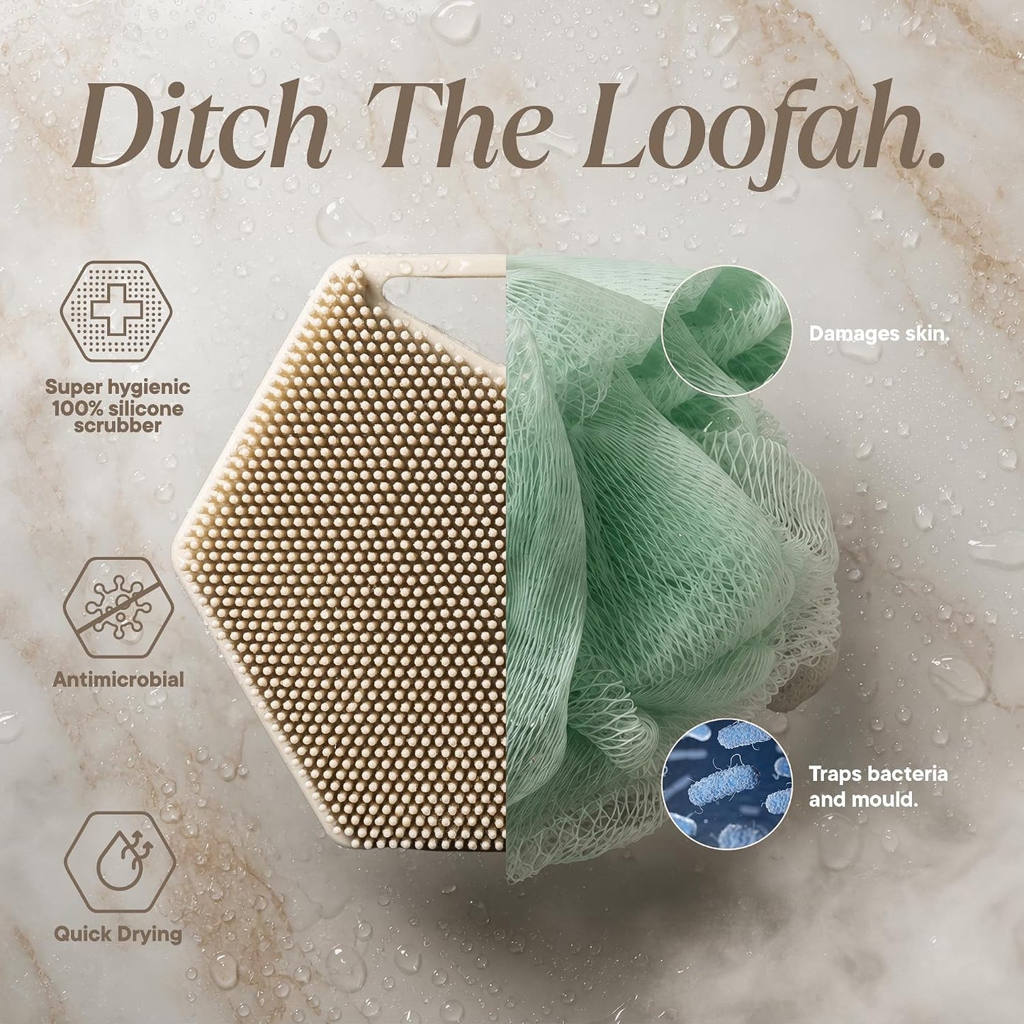 Premium Silicone Body Scrubber 2.0 | Exfoliating Loofah Alternative for Sensitive Skin - Quick Drying, Long-Lasting, Sand Color
