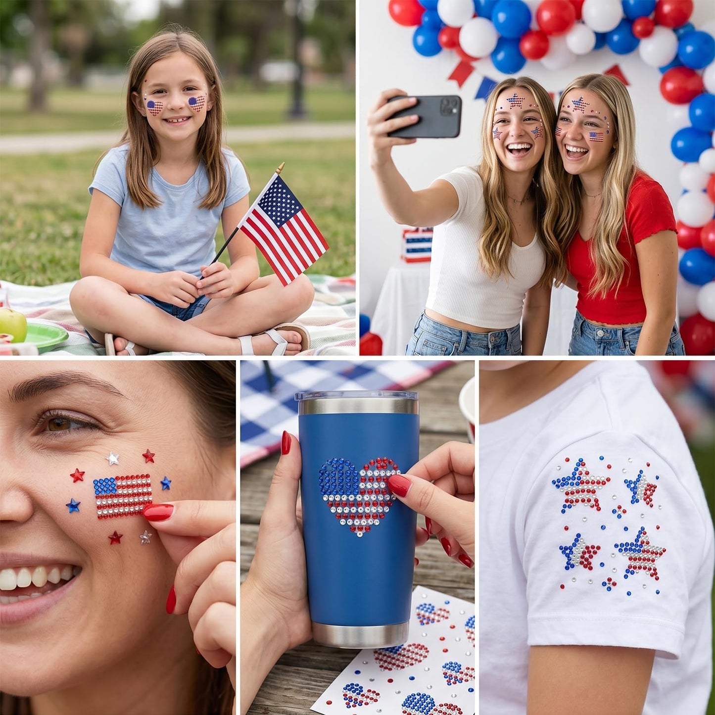 4th of July Face Gems Self Adhesive Blue Red Star Face Jewels for Women, American Flags Face Rhinestones Stickers Fourth of July Accessories Country Party Decorations for Face Body Hair