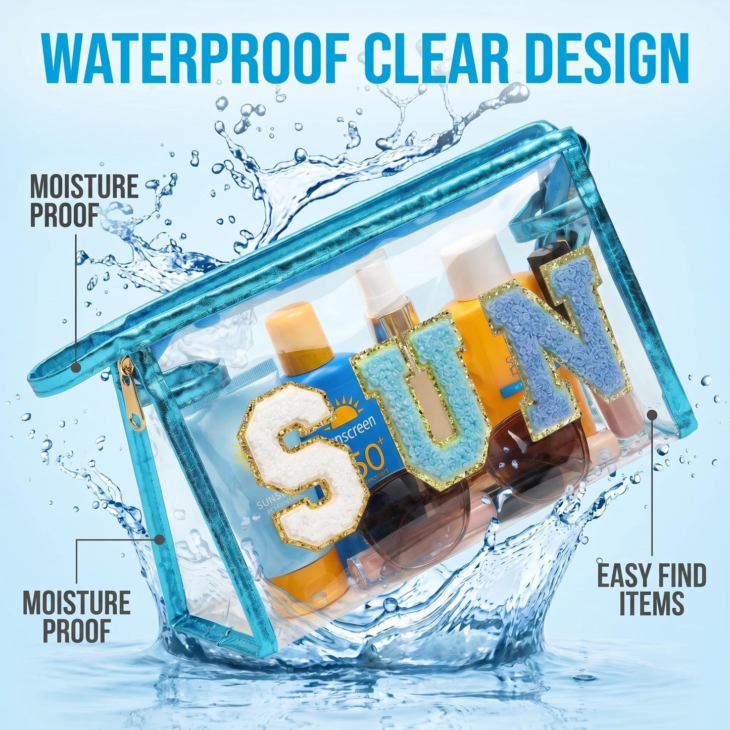 NOVAHAUS Clear Sunscreen Bag Makeup Toiletry Pouch, Waterproof Travel Cosmetic Organizer for Beach Pool Vacation, Transparent Sunscreen Bags with Blue Design for Women Teen Girls