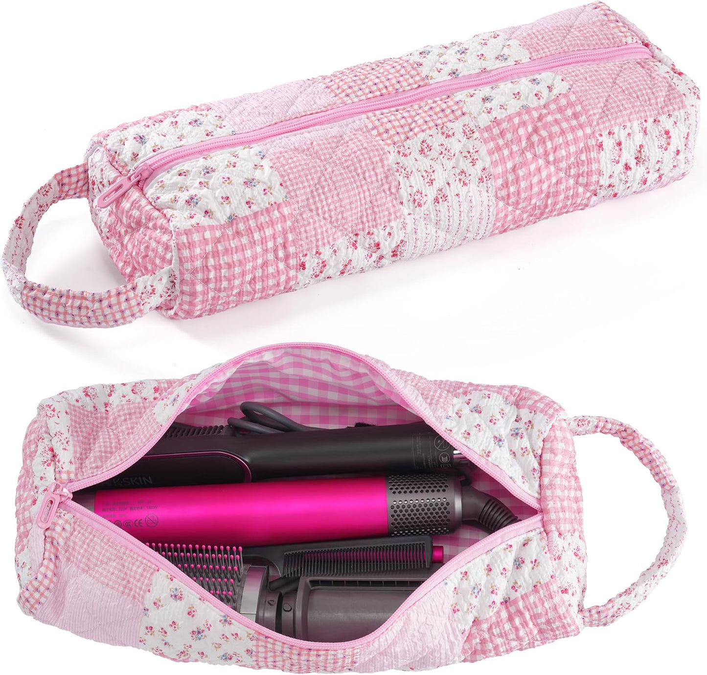 Quilted Hair Tools Travel Bag - Portable Organizer for Dyson Airwrap & Shark FlexStyle | Pink Plaid Floral