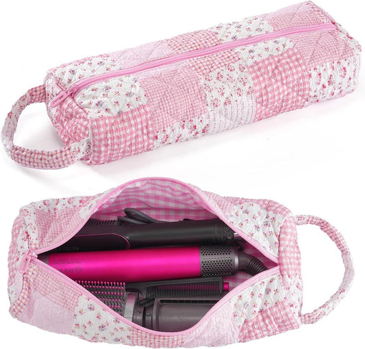 Quilted Hair Tools Travel Bag - Portable Organizer for Dyson Airwrap & Shark FlexStyle | Pink Plaid Floral