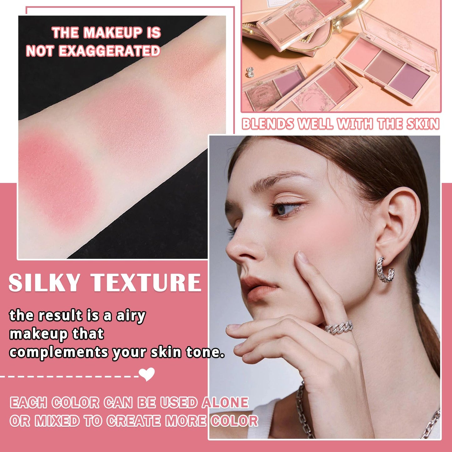 2Pcs 3 Colors Blush Palette for Cheeks with Make Up Brush,Face Matte Contour Blush Makeup Palette,Buildable Shimmer Facial Cheek Blusher Shades,Blendable Cosmetic Makeup Blush
