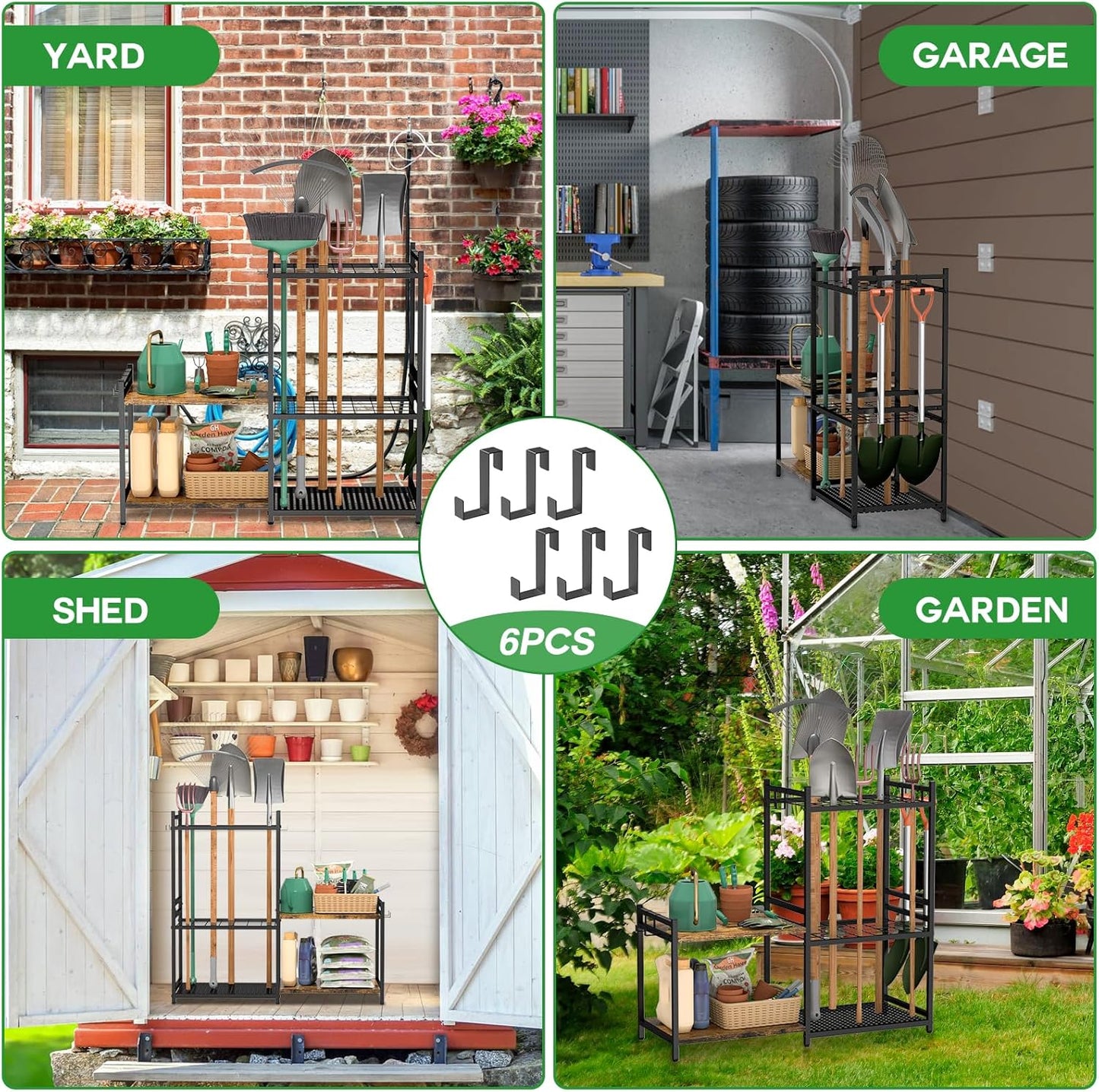 Garage Tool Organizer - 2-Tier Wooden Shelves & 6 Hooks | Heavy-Duty Steel Rack for 35 Long Handled Tools - Black