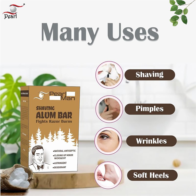 Pearl Shaving Alum Bar (Fitkari) - 100g | 100% Pure Natural Alum Stone | Gentle & Effective Aftershave| Ideal for Razor Burn Relief | Chemical-Free Shaving Aid, white