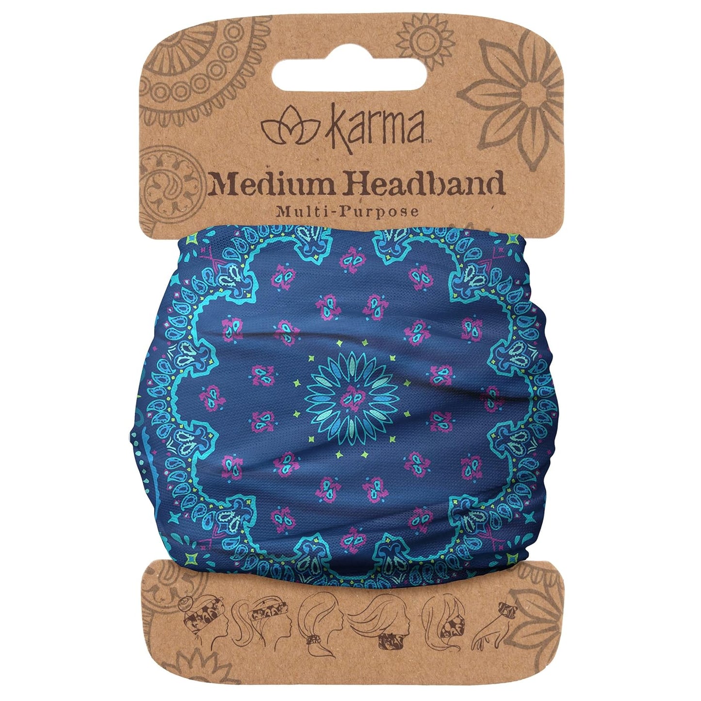 Floral Headband for Women | Stretchy Fabric Hair Scarf - Light Tan & Blue - Medium Size