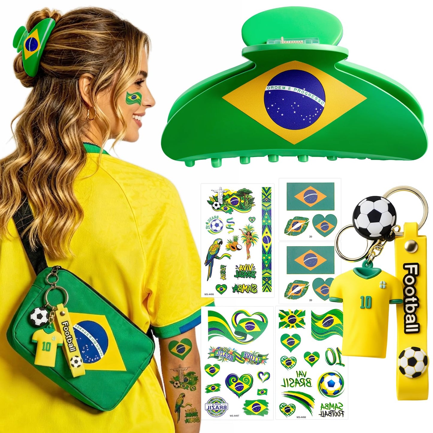 ANFONG Brazil Hair Claw Clip, World Cup 2026 Merchandise Gifts Set: World Cup Hair Accessories, Soccer Keychain & Brazil Flag Tattoos for Women Game Day Parties, Stadium Looks