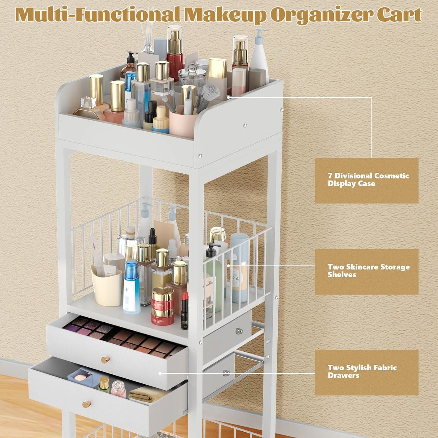 Makeup Organizer Storage Cart - 2 Drawer Versatile Vanity Display Case for Skincare, Cosmetics & Hair Tools | Floor Stand