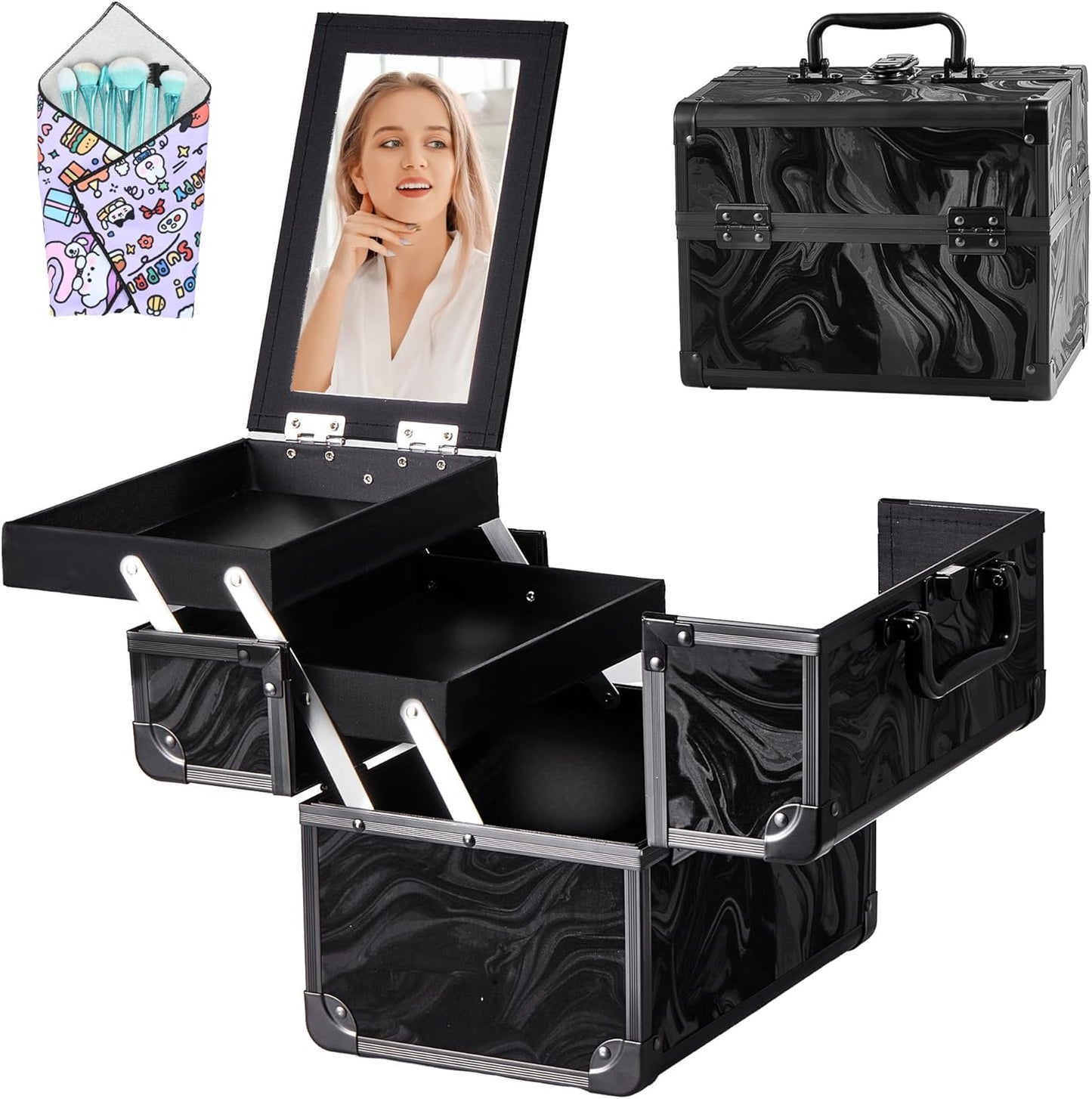 Portable Makeup Train Case - 2-Tray Cosmetic Organizer with Mirror | Travel Makeup Box in Rose Gold & Black