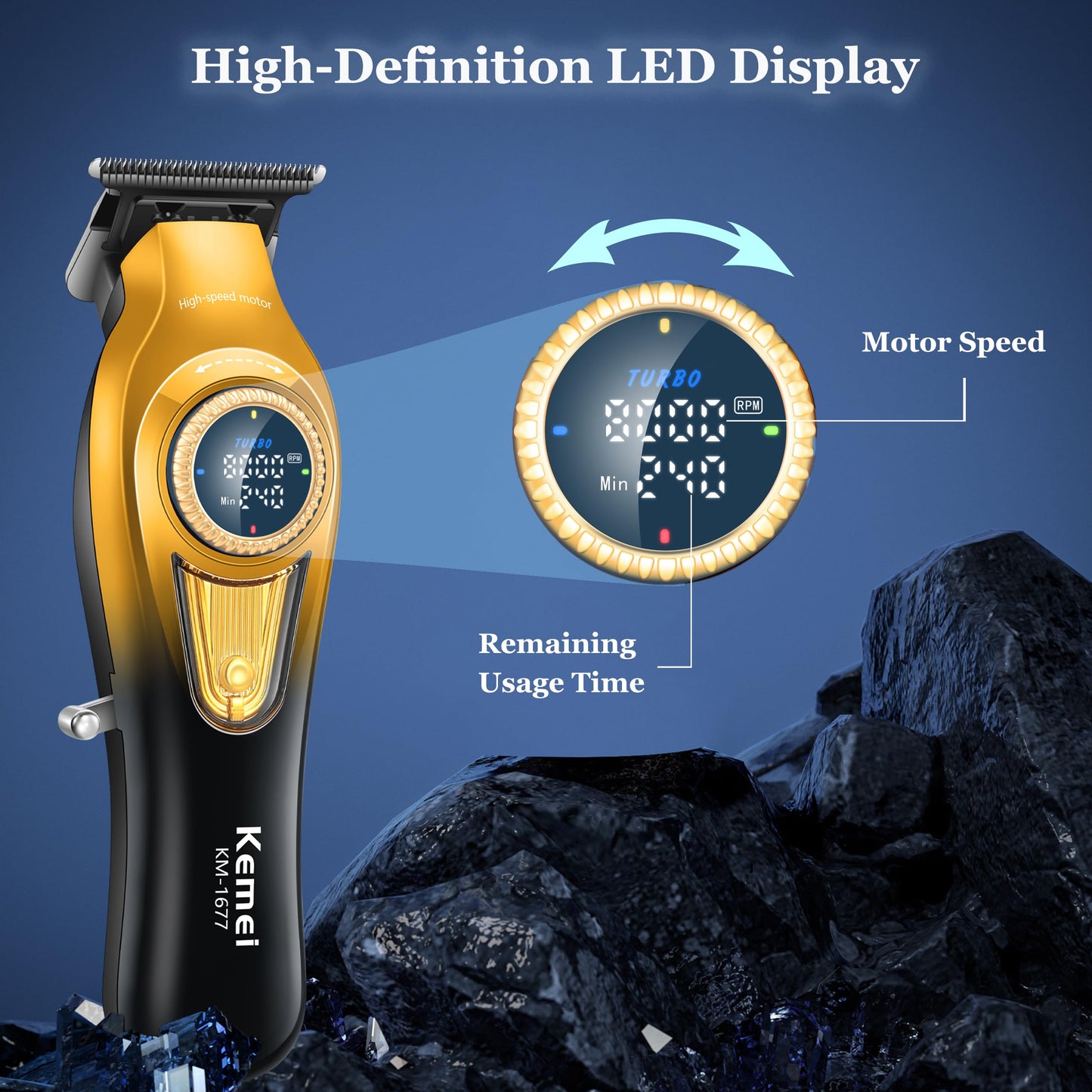 KEMEI 1677 Beard Trimmer for Men, Professional Hair Clippers, Cordless Barber Clipper with LED Display, DLC T-Blade Hair Trimmer, 8000 RPM Turbo Brushless Motor
