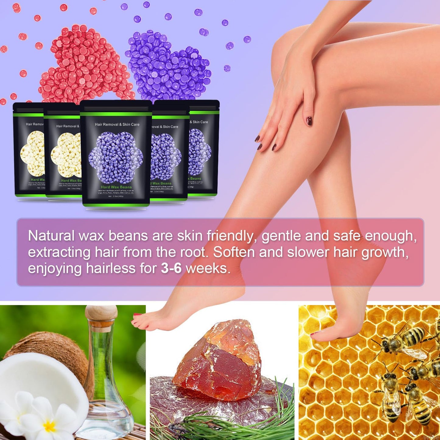 Auperwel Wax Beads for Hair Removal 1.1 lb (17.6 oz), Hard Wax Waxing Beads Kit for Sensitive Skin Brazilian, Face, Bikini, Eyebrow, Legs, Painless for Women Men, 5 packs with 10 Sticks
