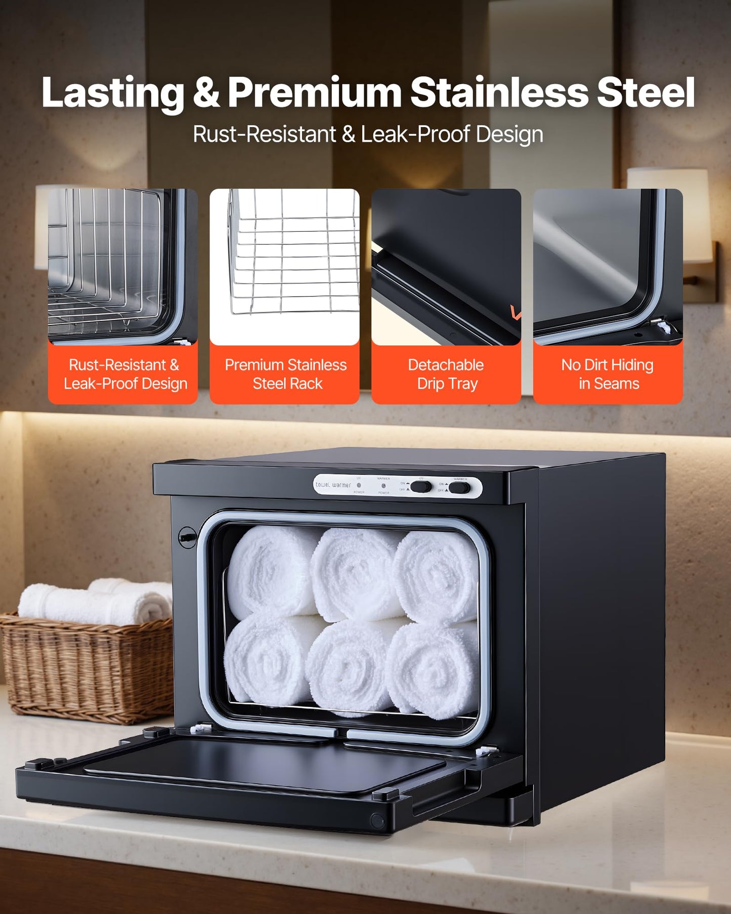 VEVOR Hot Towel Warmer, 8L Small Towel Warmer Cabinet with Clip & Stainless Steel Rack, Holds up 12 Towels, Portable All-Round Heating Cabinet for Spa, Barber, Manicures, Massage, Salon, Black
