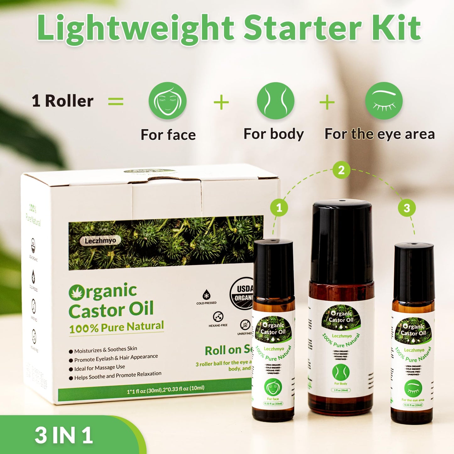 Leczhmyo Organic Castor Oil Roll on for Belly, Face, Body, Under Eyes– Certified Organic, Cold Pressed, Hexane Free, Unrefined – 3 Glass Bottle Pure Roller Ball Castor Oil to Moisturize Skin, Lips
