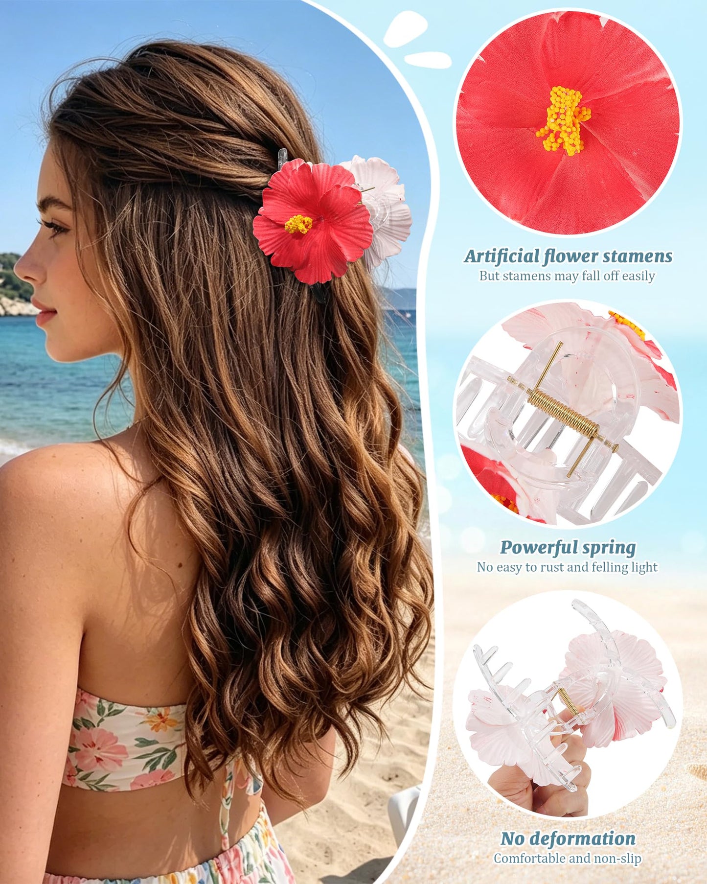 Molans Hawaiian Flower Hair Clips for Women - 3Pcs Artificial Flower Head Claws, Plumeria Hibiscus Hairclip for Wedding Beach Party, Cute Summers Tropical Flowers Clip for Thick Hair