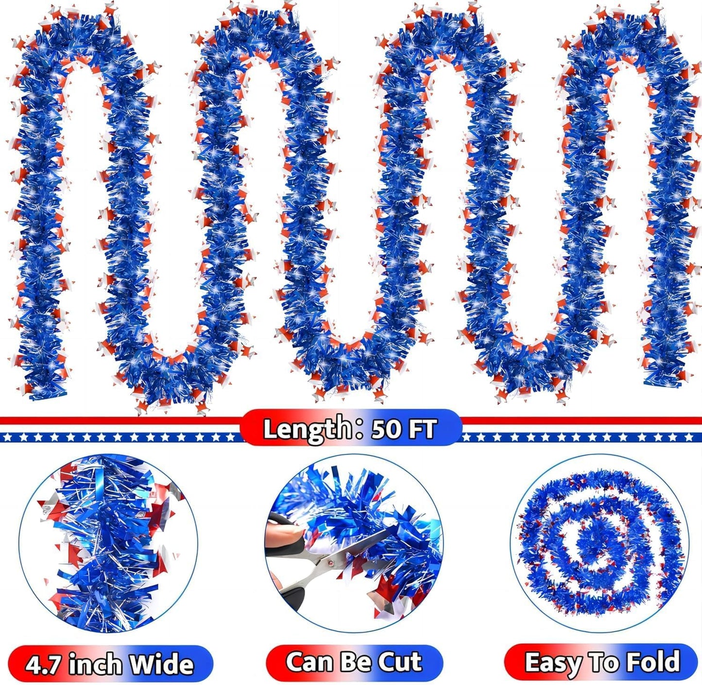 4th of July Decorations - Red, White & Blue Metallic Tinsel Garland for Holiday Parties | 50FT