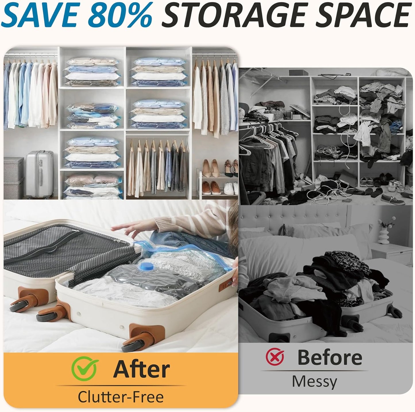 Vacuum Storage Bags - 80% Compression Space Saver for Clothes, Bedding & Blankets | 20-Pack Combo