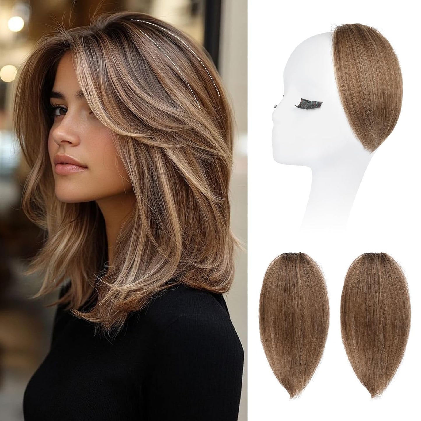 REECHO Clip In Hair Volumizer - Short Thick Hairpieces for Extra Volume | Light Brown with Blonde Highlights, 8 Inch (Pack of 2)