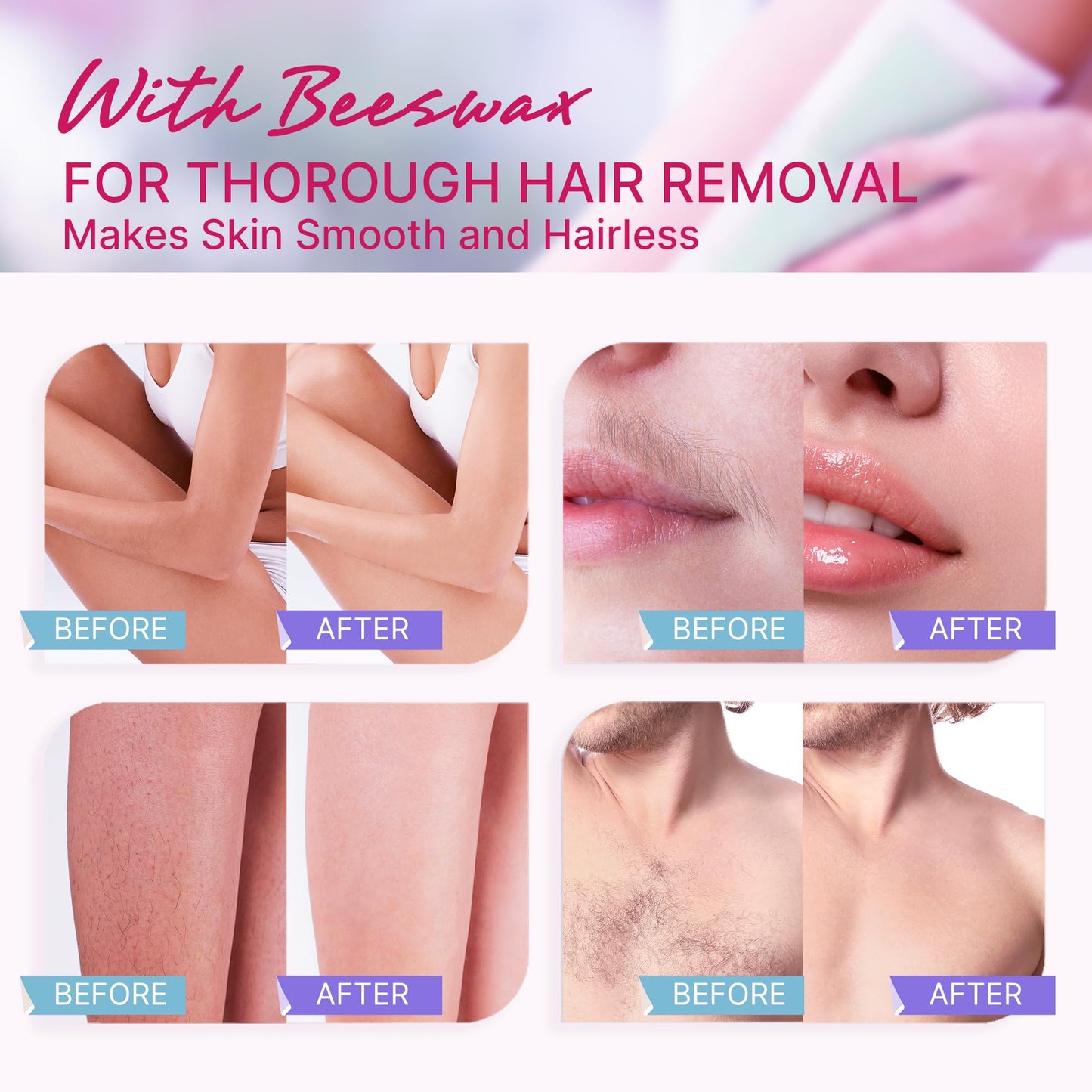 Wax Strips Hair Removal for Women: Waxing Kit with 50 Pcs Body Waxing Strips Dual Sides & 4 Calming Oil Wipe For Face, Bikini, Legs, Lip