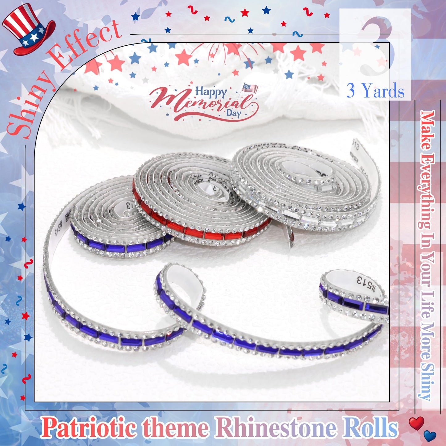 ROYTOER Patriotic Rhinestone Ribbons for 4th of July,Red Blue And White Diamond Strip for DIY Craft,3 Yards Rhinestone Tape Crystal Ribbons Self Adhesive for Independence Veterans Day Party Decoration