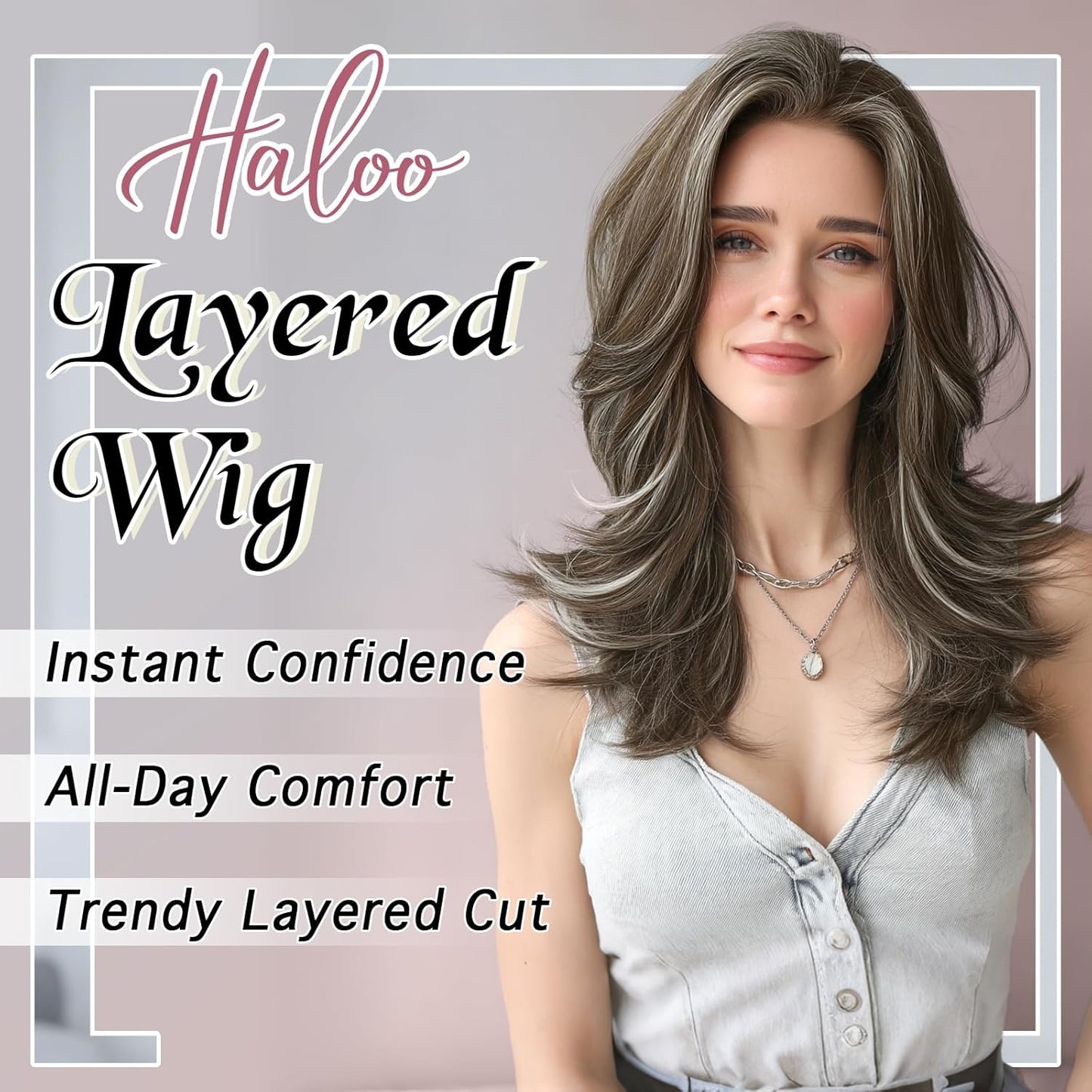 Brown Layered Wig with Curtain Bangs - Long Wavy Synthetic Hair for Women | 20 Inch Ash Brown Grey