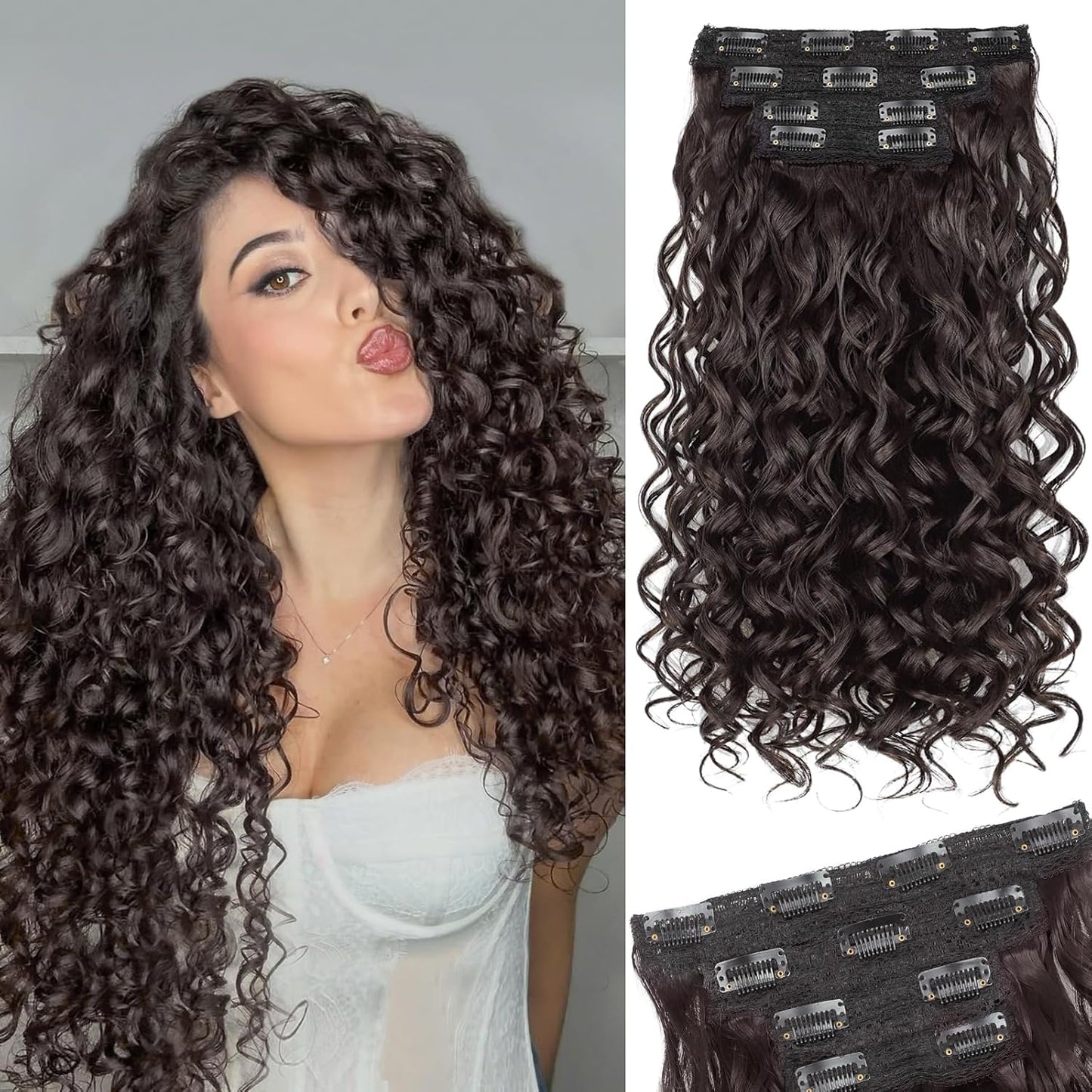 Curly Clip-In Hair Extensions - 20 Inch Thick Natural Synthetic Hairpieces | 4PCS Black