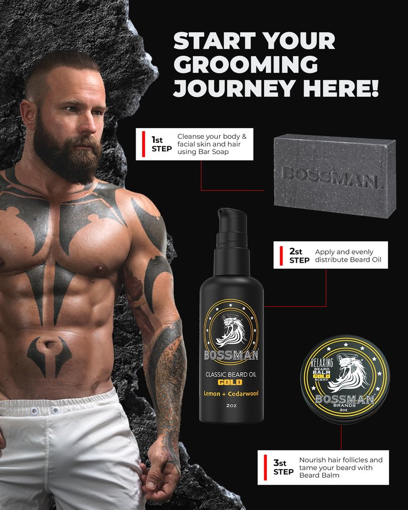 Bossman Starter Beard Kit for Men – Beard Oil (2 oz), Beard Balm & Bar Soap – Natural & Organic Grooming Kit – Made in the USA Men Gift Set (Gold Scent)