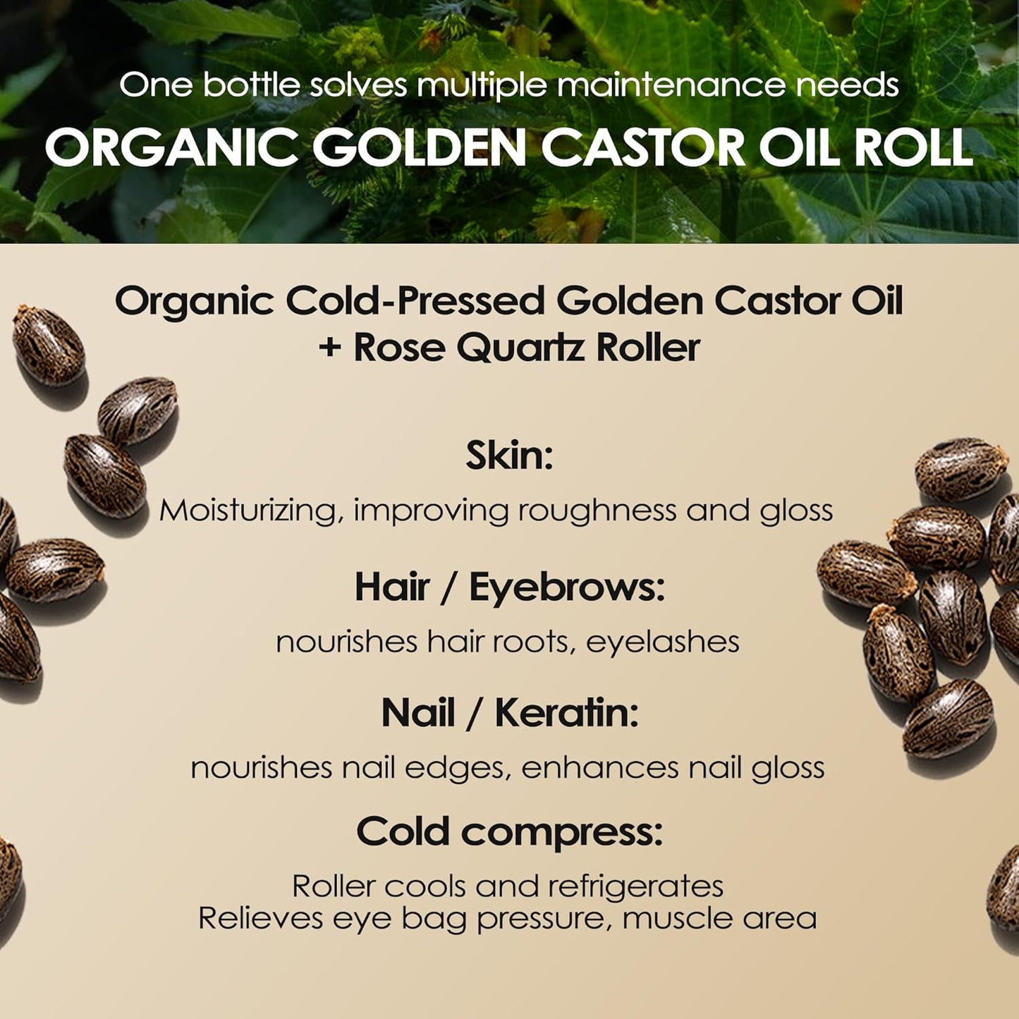 Castor Oil Rose Quartz Roller - 100% Pure Cold-Pressed Oil for Hair Growth, Eyelashes & Skin Care | 1 oz