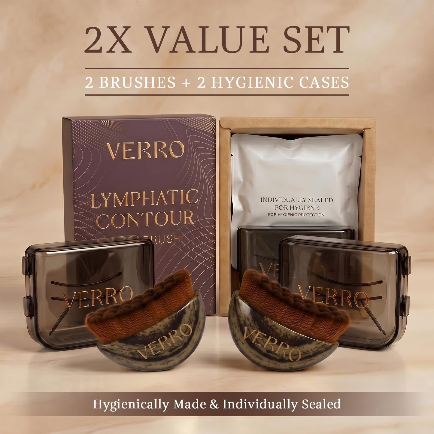 VERRO Lymphatic Face Brush Set (2 Pack) – Facial Dry Brush for Face Sculpting, Lymphatic Drainage & Puffiness Reduction, Ultra Soft Bristles, Individually Sealed + Travel Cases (Marble)