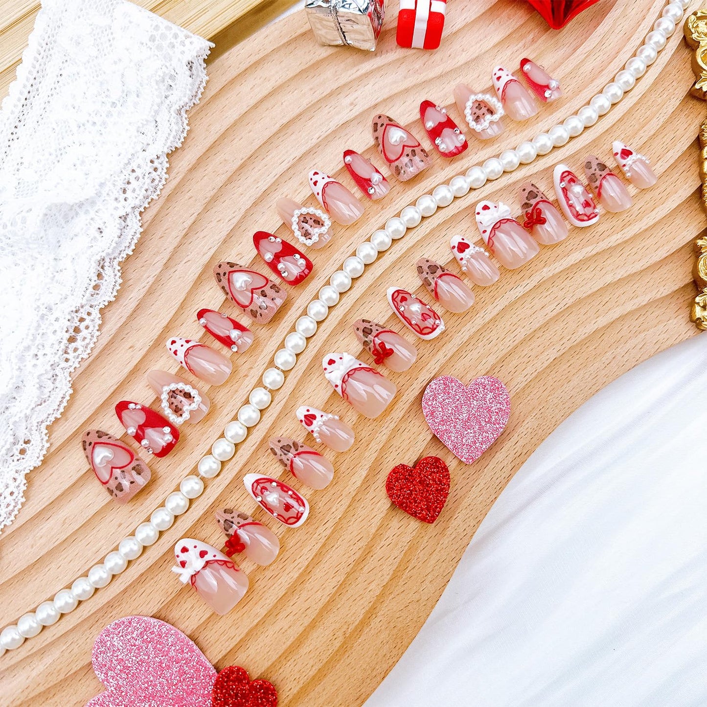 Leopard Print Press-On Nails - 30 Pcs Medium Almond Acrylic with Heart Pearl Bow & Rhinestones | Romantic Valentine’s French Tip Design