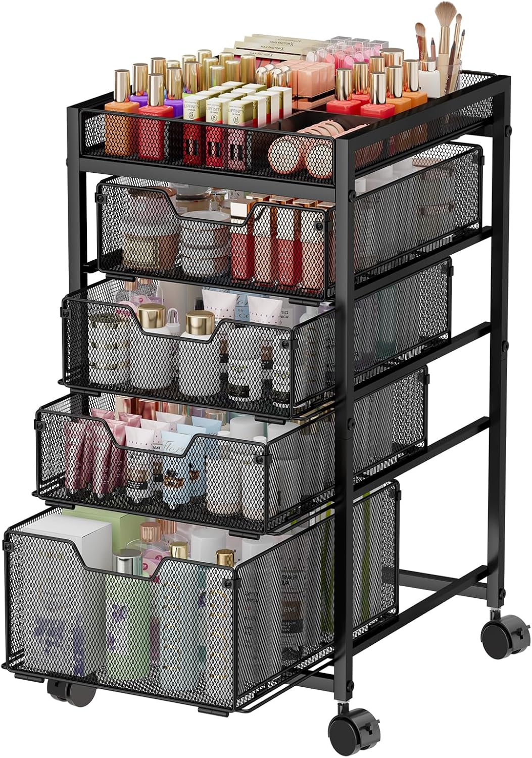 Rolling Makeup Cart Organizer - 3 Drawer Cosmetics Storage with Wheels | Versatile Vanity Organizer for Skincare & Beauty Tools - Black