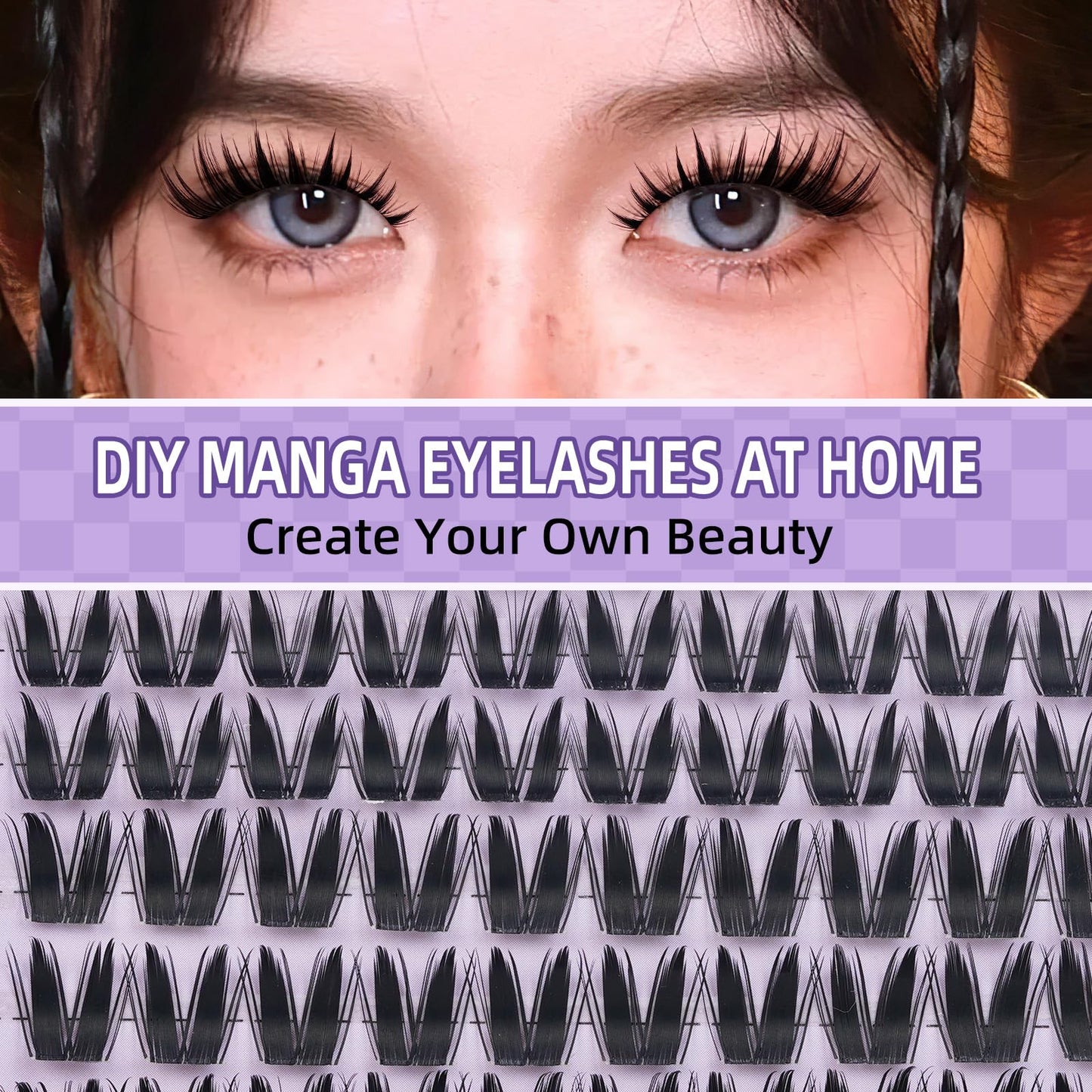 B&Qaugen Bunny Lash Clusters Kit Manga Lashes CC Curl Wispy Natural Invisible Band Eyelash Clusters, Waterproof DIY Lash Extensions at Home, Wet Look for Cosplay & Daily Wear (Lash Kit-Anime 05)